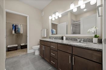 Bright bathroom with a large mirror